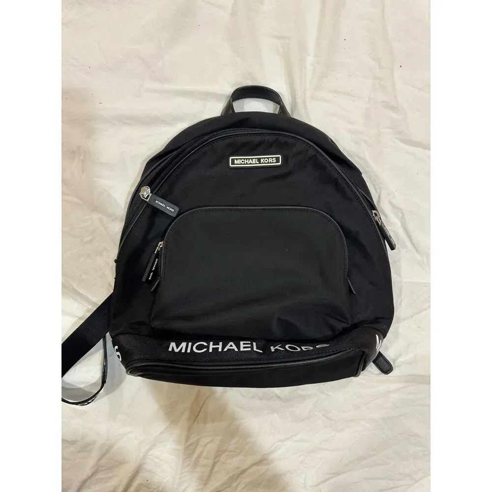 Michael Kors Abbey Medium Black Nylon Logo Strap Backpack Purse 38S0CP7B7C